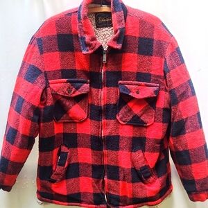 Mens Vintage Wool Flannel Buffalo Plaid Sherpa-Lined Jacket  Full Zip Grunge
